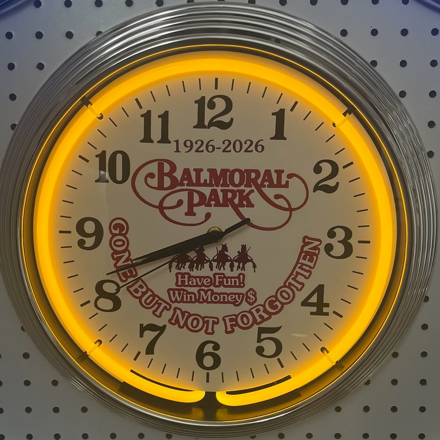 Balmoral Park 1926-2026 custom neon clock by It’s Lit Neon