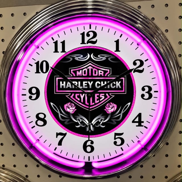 Harley Chick neon clock by It’s Lit Neon, purple glow