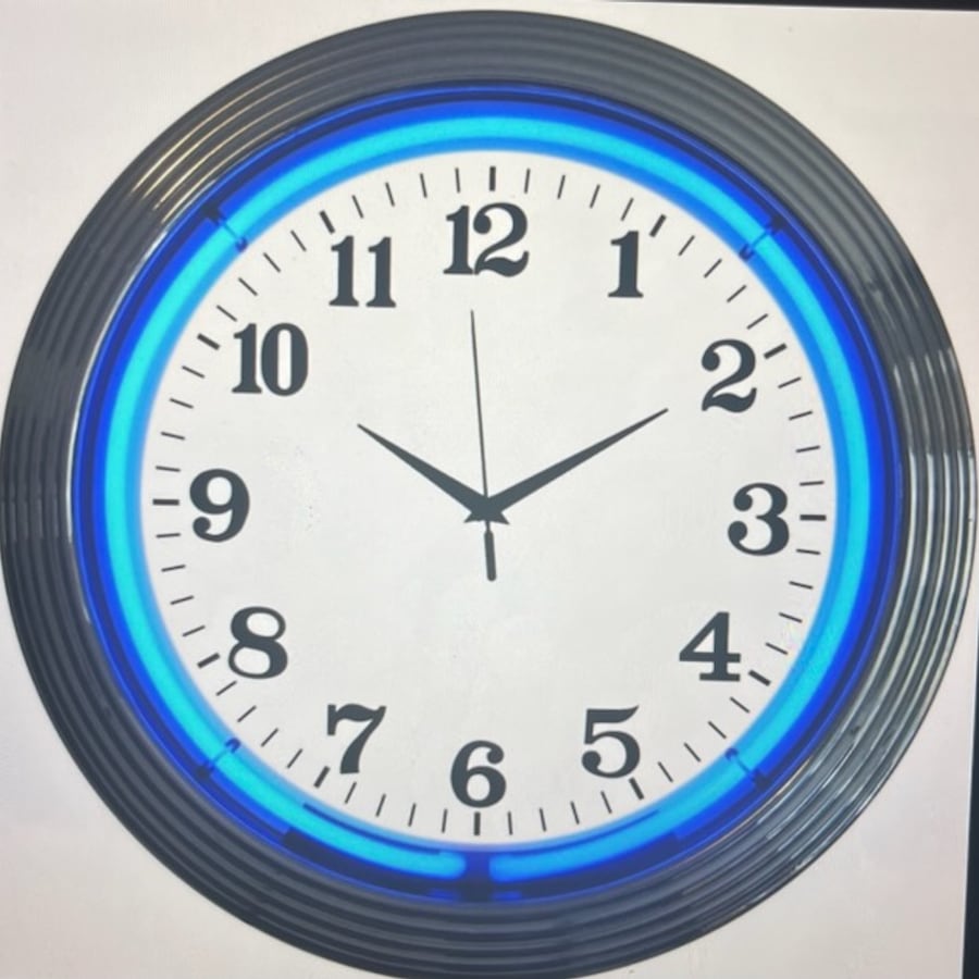 Regular blank-face neon clock, blue glow