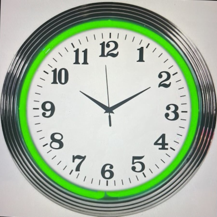 Regular blank-face neon clock, green glow