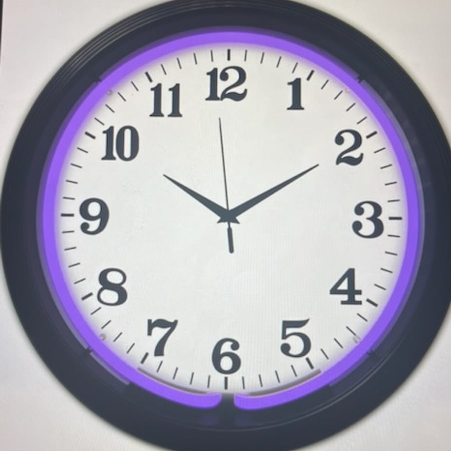 Regular blank-face neon clock, purple glow
