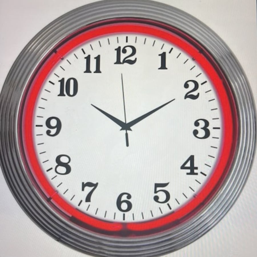 Regular blank-face neon clock, red glow