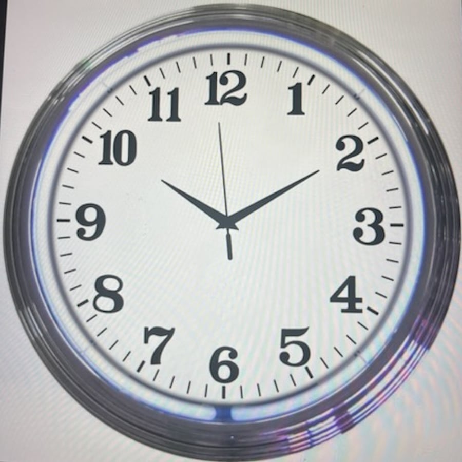 Regular blank-face neon clock, white glow