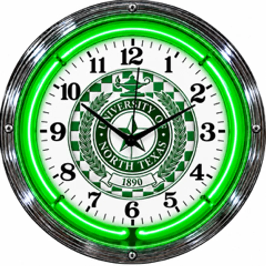 North Texas Mean Green, North Texas Seal Checkered neon clock
