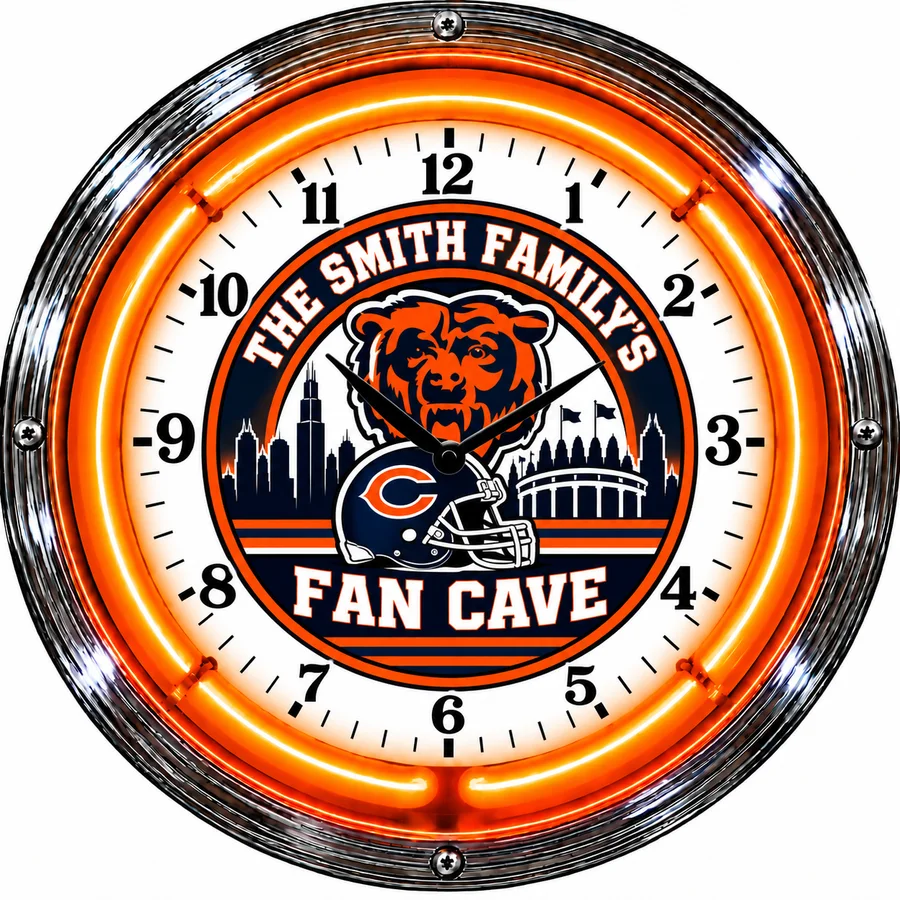 A Chicago Bears neon clock personalized with a family name
