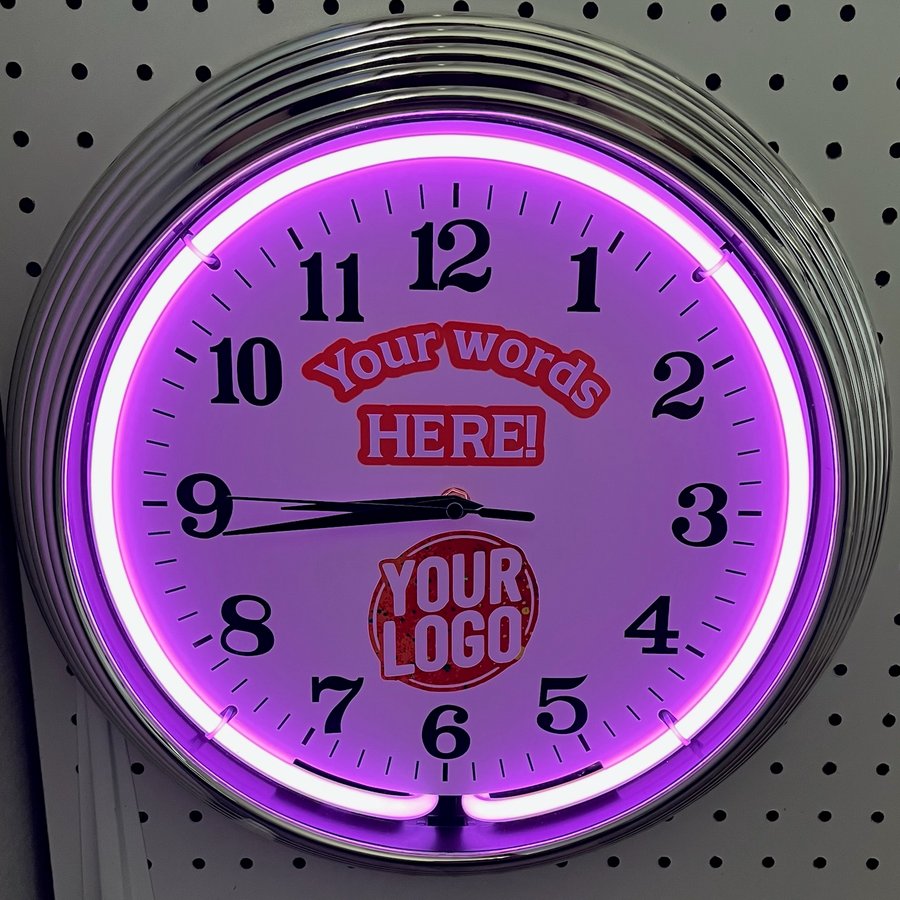 A real It's Lit Neon clock showing where your logo, words, and picture go